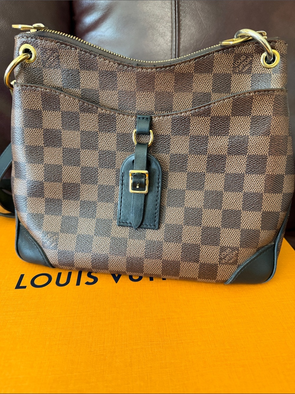 Louis Vuitton Brown Damier Ebene Crossbody Bag with Black Trim and Gold Hardware